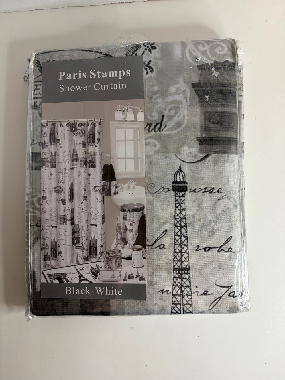 Paris Stamps Shower Curtain Black-White 70”W x 72”L